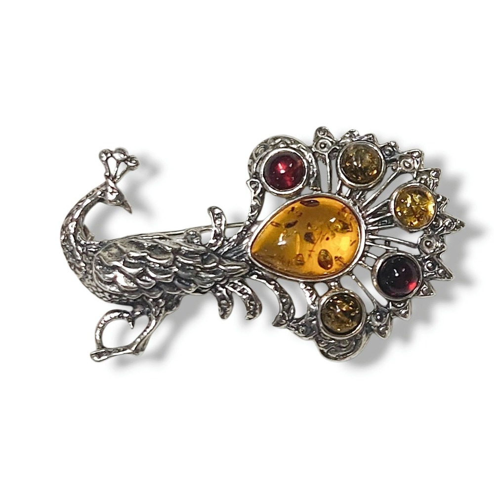 Vintage Polish Baltic Amber Peacock Brooch 925 Sterling Silver Statement Pin